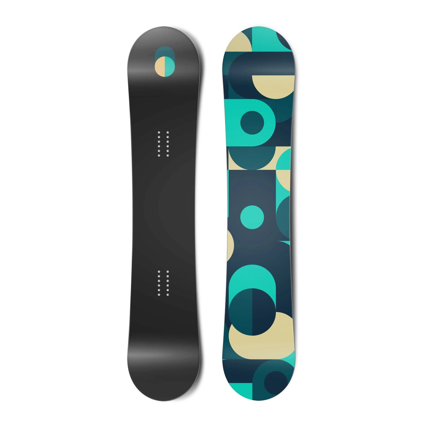 Top and bottom view of a snowboard. The top view shows a toggle at the top in shades of blue and
yellow. The bottom view shows an abstract illustration of toggles in blues and yellows.