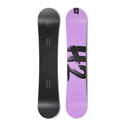 Top and bottom view of a snowboard. The top view shows stylized hydrogen bonds and the bottom view shows "H2" in a brush script typeface.